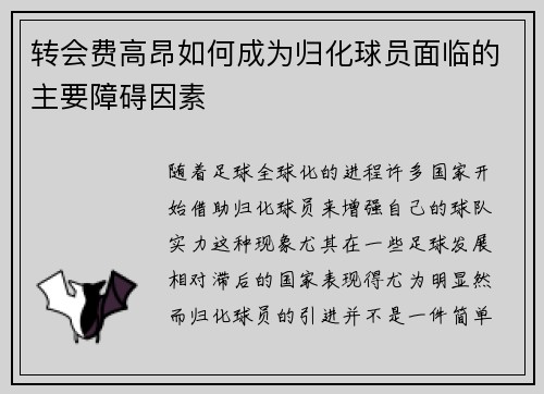转会费高昂如何成为归化球员面临的主要障碍因素 转会费高昂如何成为归化球员面临的主要障碍因素