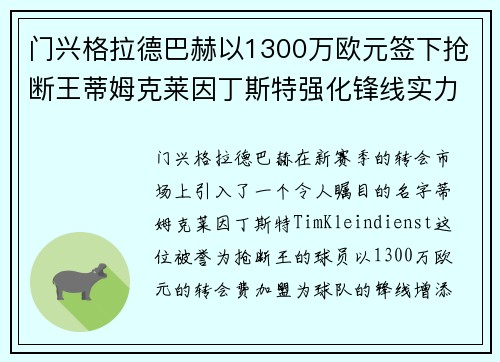门兴格拉德巴赫以1300万欧元签下抢断王蒂姆克莱因丁斯特强化锋线实力